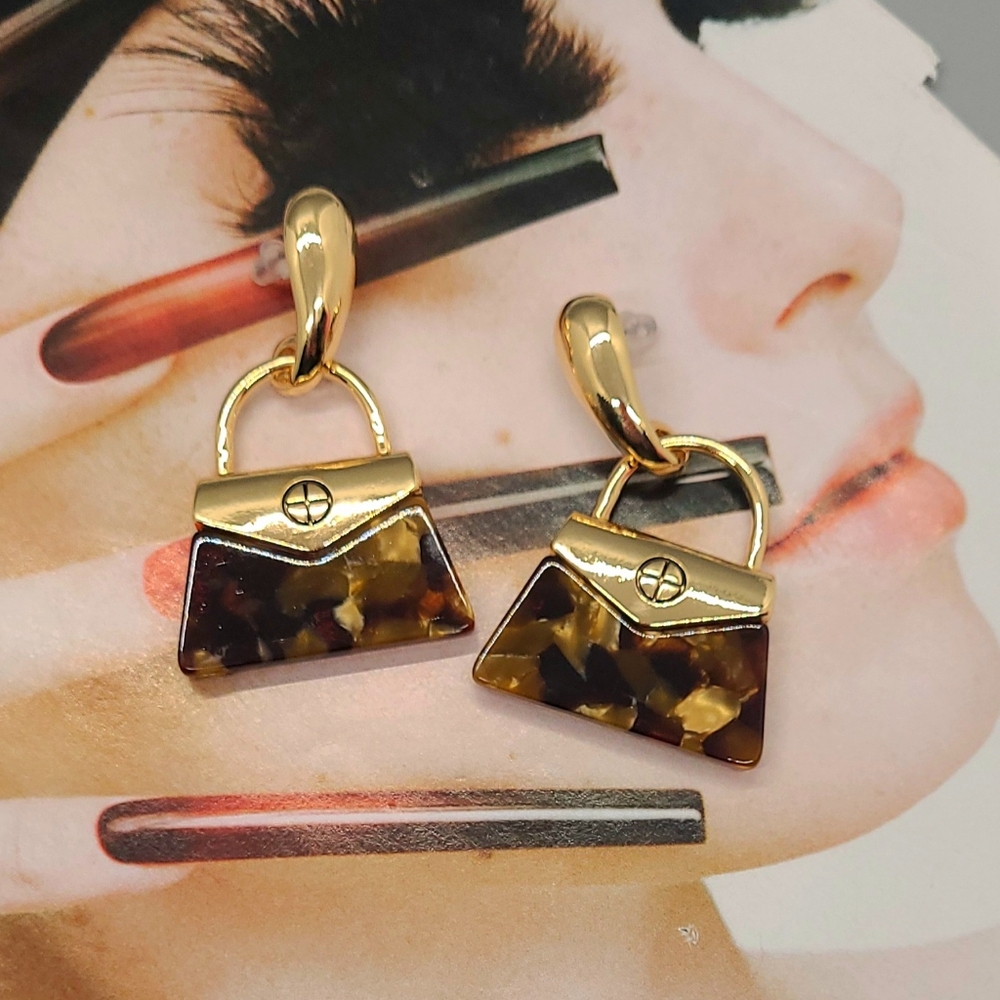 NWT Tortoise Shell Doorknocker Style Luxury Gold Dangle Earrings - Picture 12 of 12